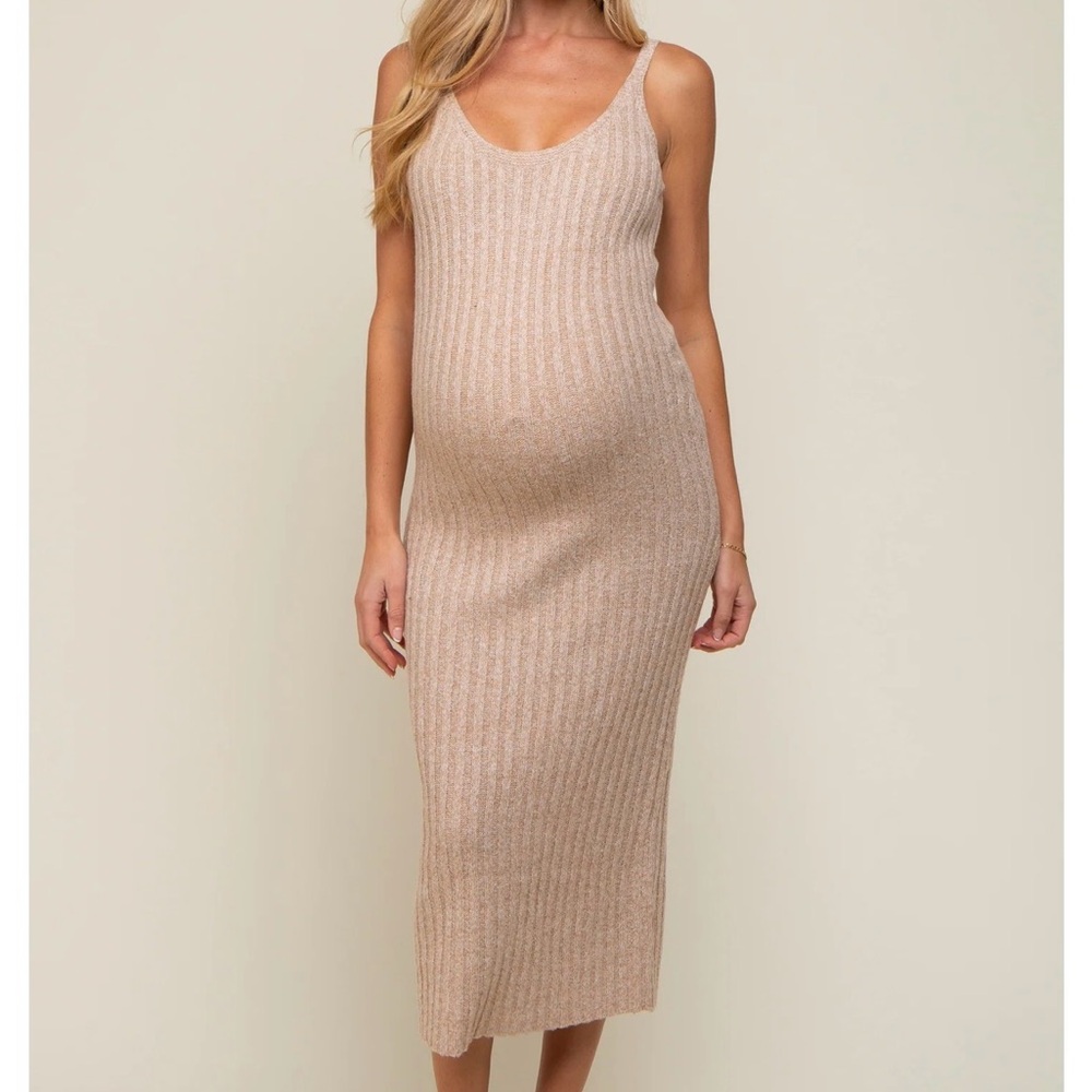 PinkBlush Taupe Ribbed Sleeveless Maternity Midi Dress
